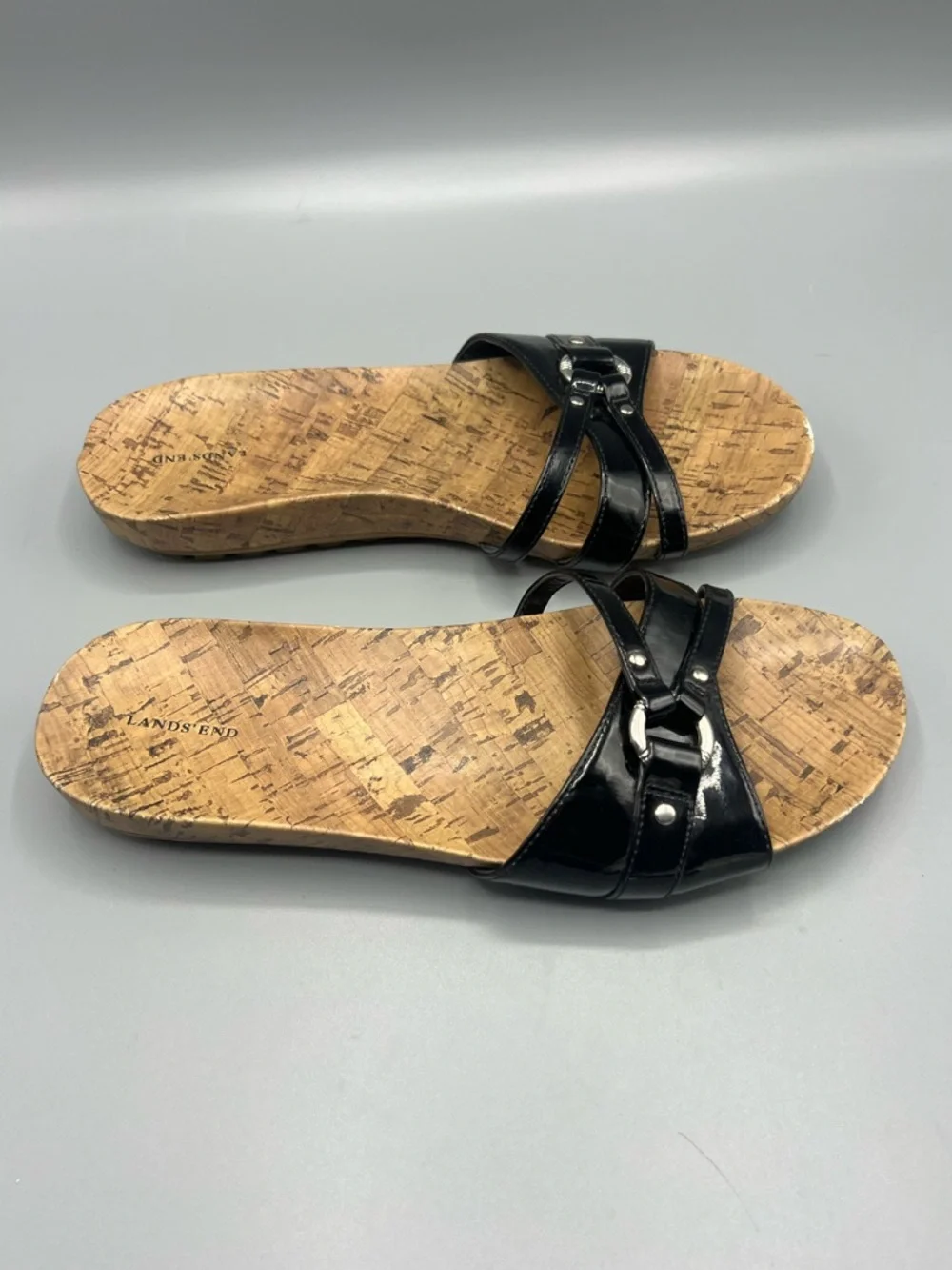 Lands' End Women's Black Harbor Light Flat Patent Leather Slides Sandals
